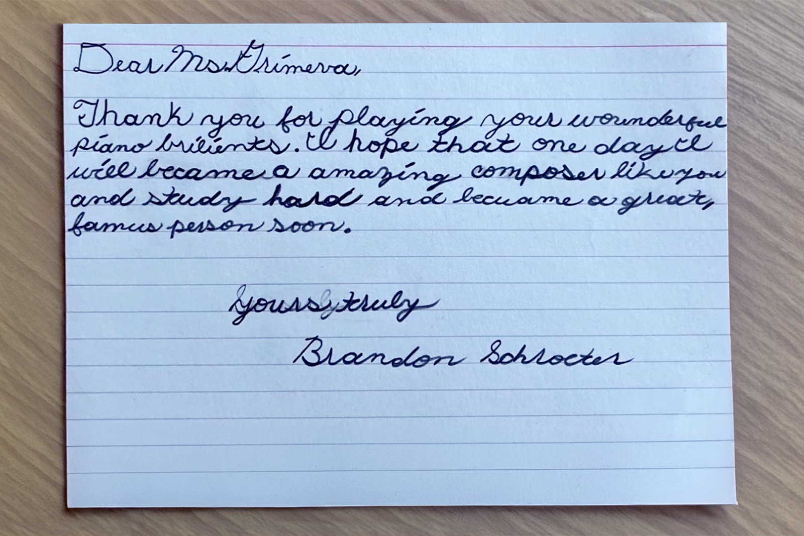 Brandon's handwritten thank-you letter to Katya, written in cursive pen on a lined note card.