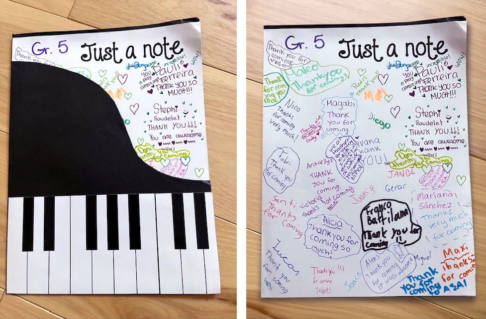 A thank-you card signed by an entire fifth-grade class — a construction-paper grand piano on the cover and dozens of handwritten notes inside.