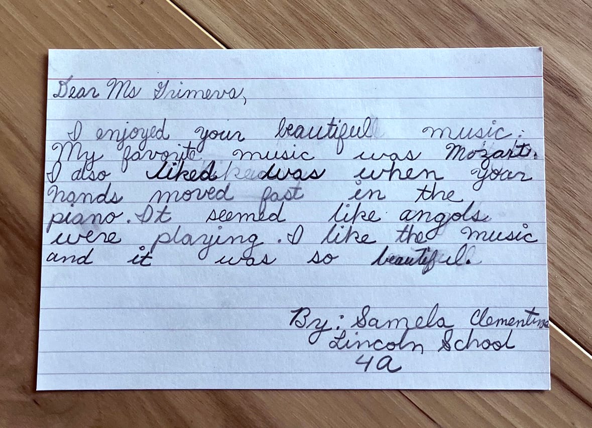 Samela's handwritten thank-you letter to Katya, written in cursive pen on a lined note card.