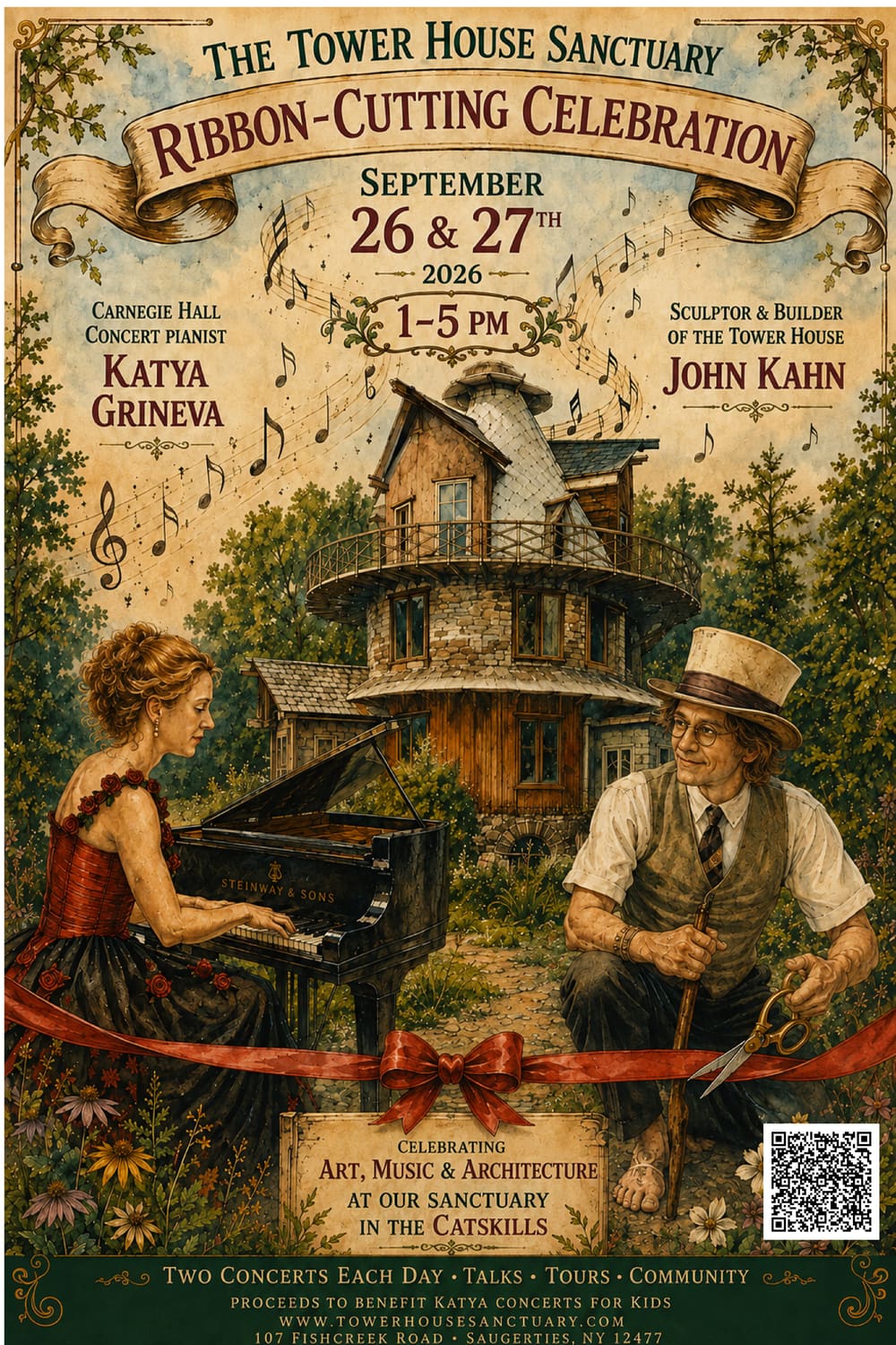 Illustrated poster for The Tower House Sanctuary Ribbon-Cutting Celebration, September 26 and 27, 2026, 1 to 5 p.m. Katya Grineva plays a grand piano and John Kahn kneels holding oversized scissors, in front of the five-story hand-built tower house, with a red ribbon strung between them.